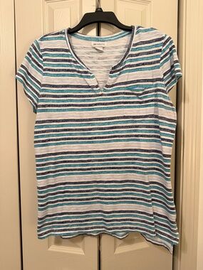 Liz Claiborne White, Teal & Navy Striped Short Sleeve Pocketed Vneck Top